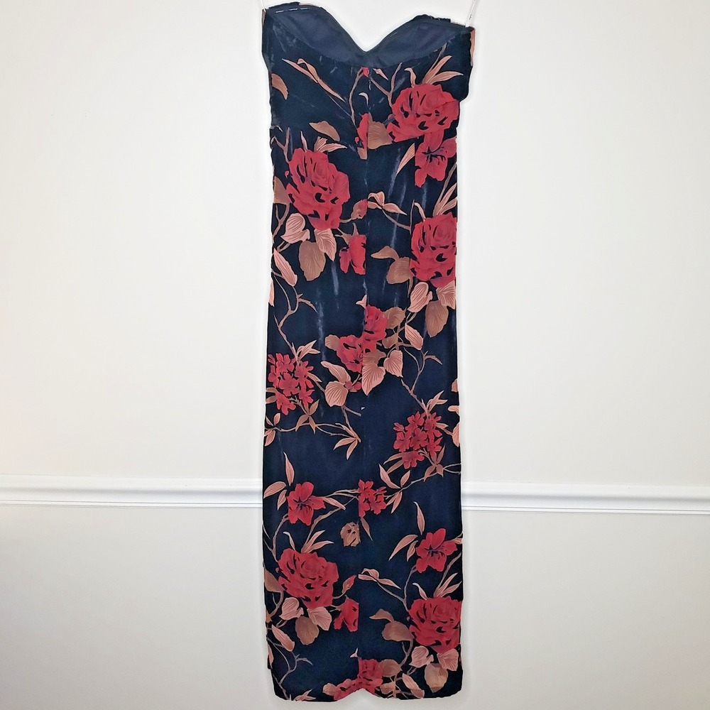 Lulus Velvet Burnout Strapless Gown Sz S Dress Floral Side Slit Formal Goth Vamp - Picture 7 of 16